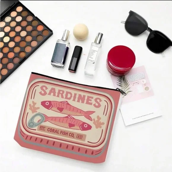 New Pink and Cream Sardines Make Up Carryall Canvas Zip Top Pouch OS - Picture 15 of 15